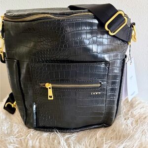 FAWN Black Croc-Embossed Backpack / Crossbody Bag with Gold Accents BNWT